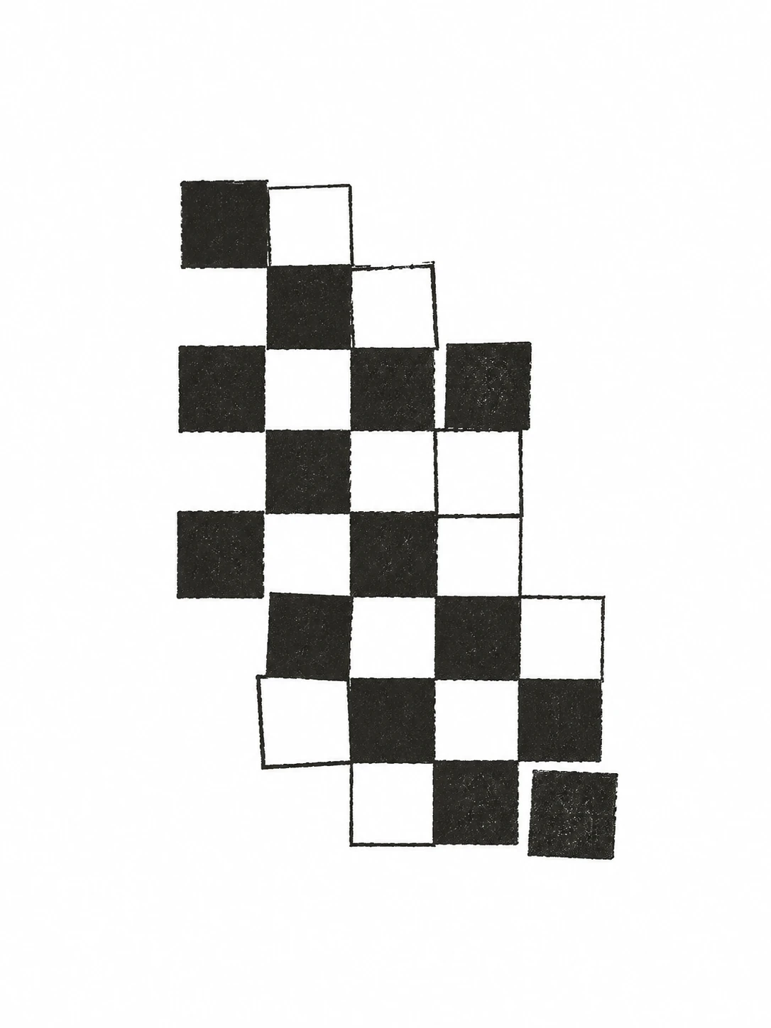 An irregular cascade of squares, alternating solid and open
