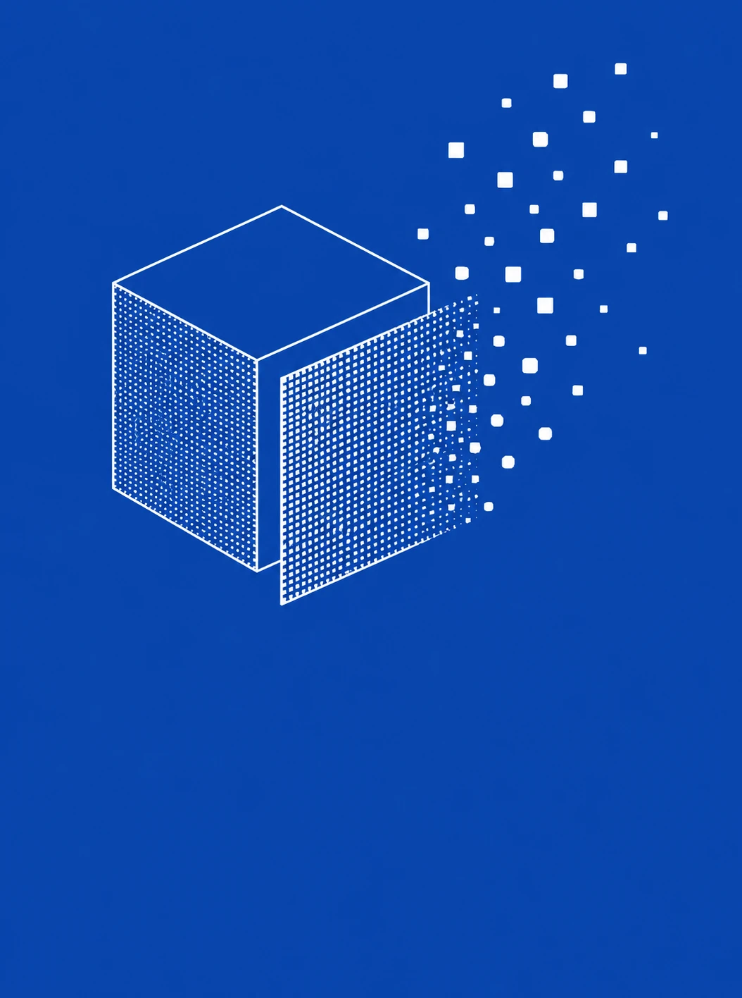 An isometric cube dissolving into pixels