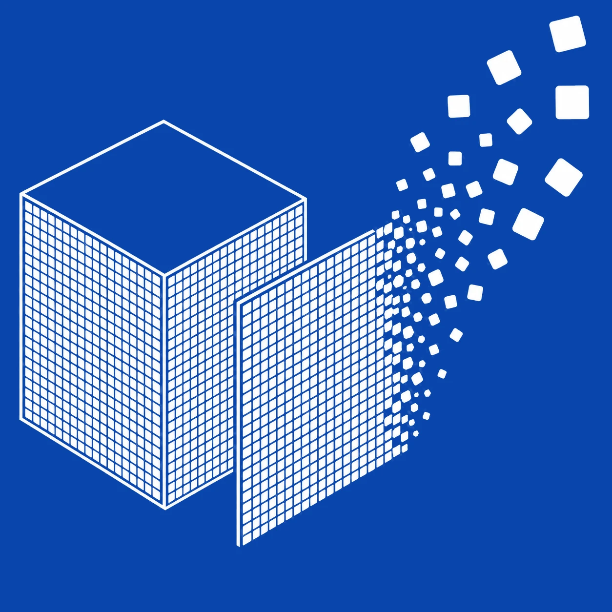 An isometric cube dissolving into pixels